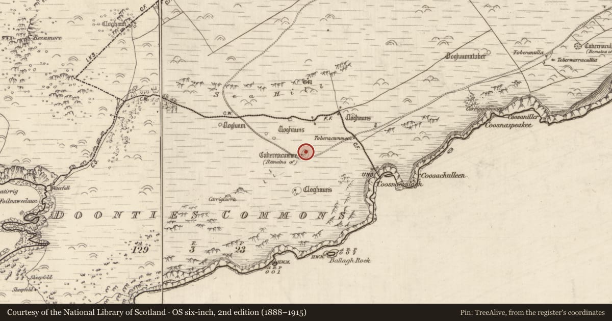 Ordnance Survey six-inch map, 2nd edition (1888–1915) covering the location of Hut site, An Coimín (TC An Mhín Aird), County Kerry, with a pin at the register's coordinates