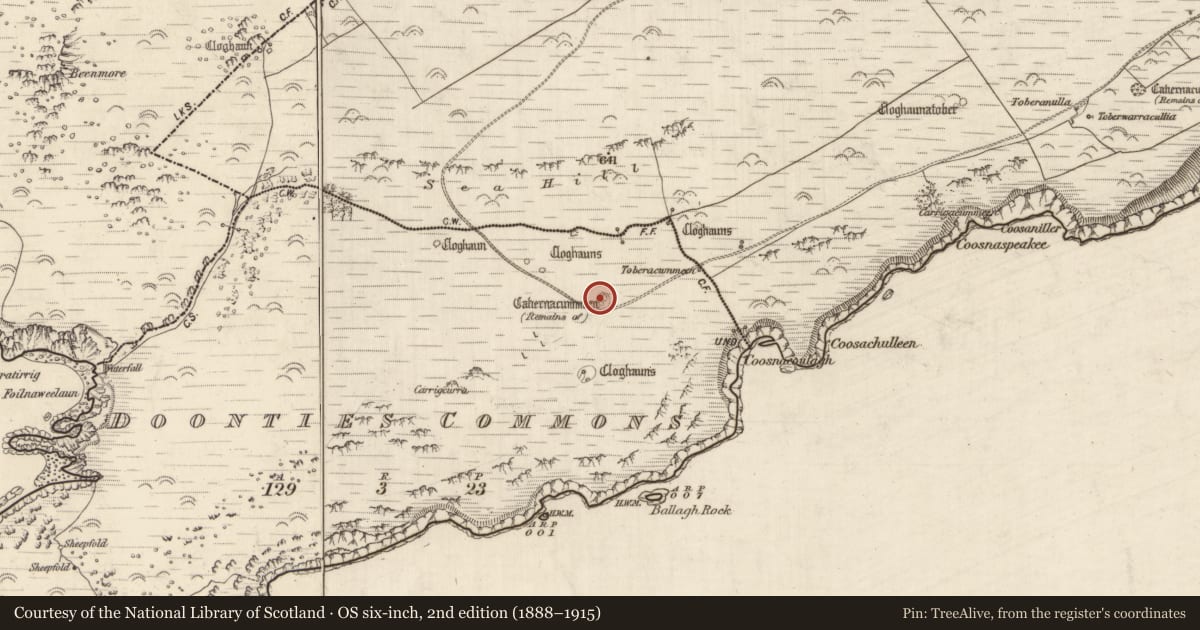 Ordnance Survey six-inch map, 2nd edition (1888–1915) covering the location of Hut site, An Coimín (TC An Mhín Aird), County Kerry, with a pin at the register's coordinates