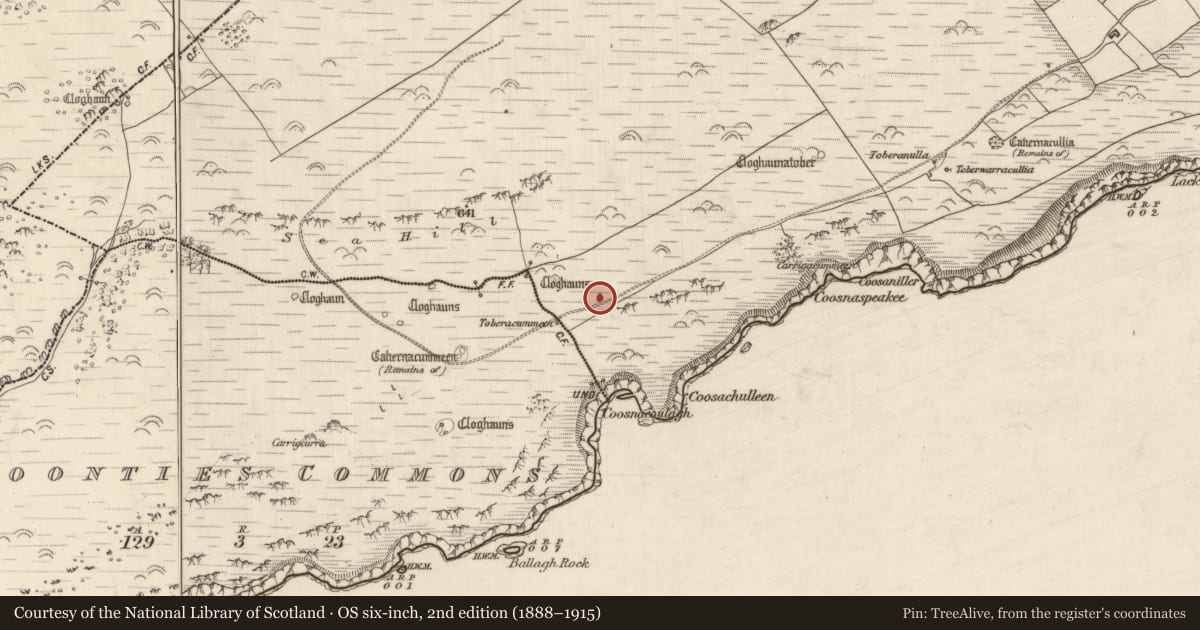 Ordnance Survey six-inch map, 2nd edition (1888–1915) covering the location of Hut site, Na Dúnta Thiar, County Kerry, with a pin at the register's coordinates
