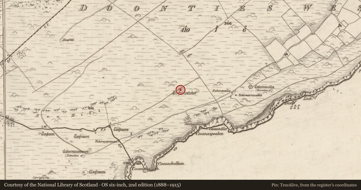 Ordnance Survey six-inch map, 2nd edition (1888–1915) covering the location of Hut site, Na Dúnta Thiar, County Kerry, with a pin at the register's coordinates