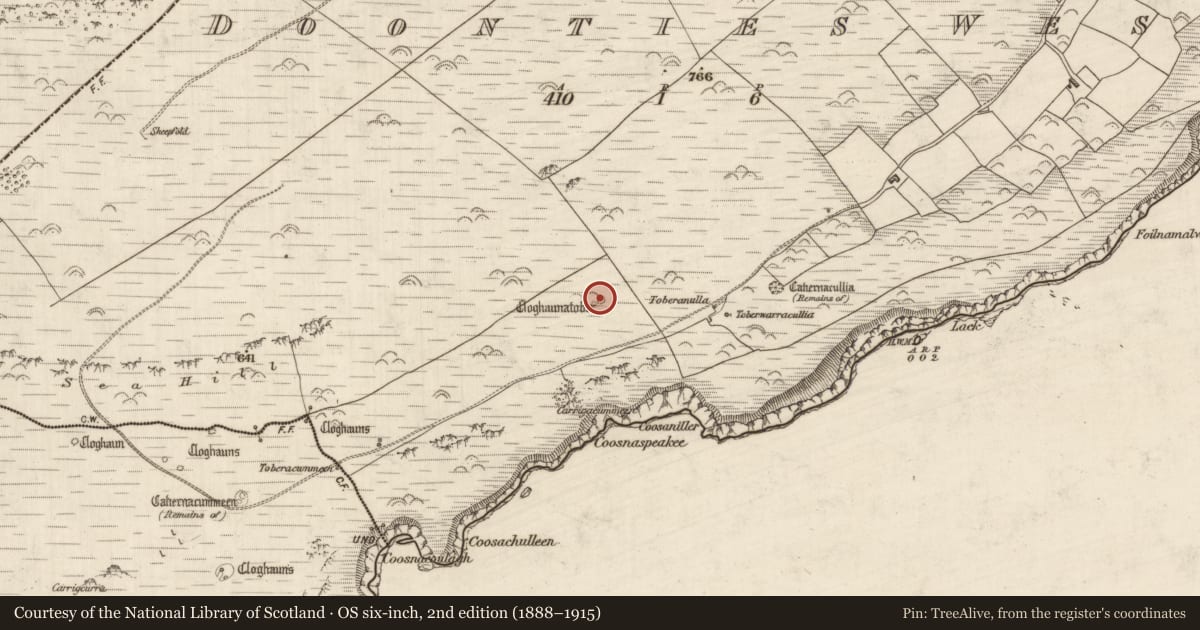 Ordnance Survey six-inch map, 2nd edition (1888–1915) covering the location of Hut site, Na Dúnta Thiar, County Kerry, with a pin at the register's coordinates