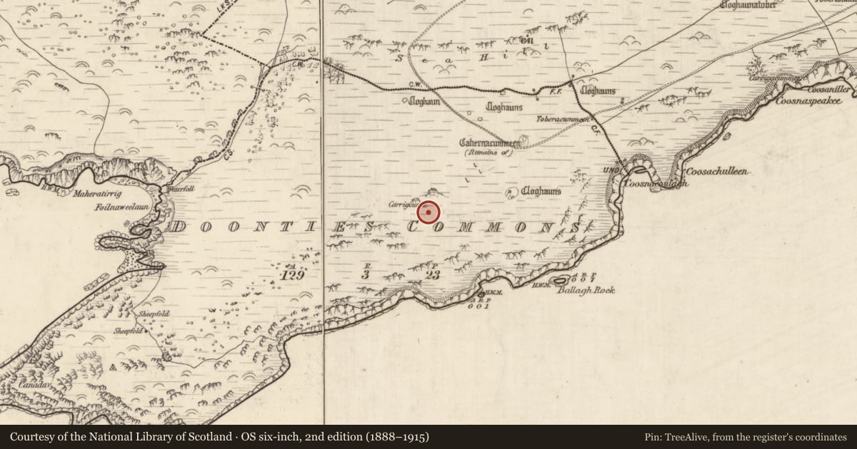 Ordnance Survey six-inch map, 2nd edition (1888–1915) covering the location of Ringfort - cashel, An Coimín (TC An Mhín Aird), County Kerry, with a pin at the register's coordinates