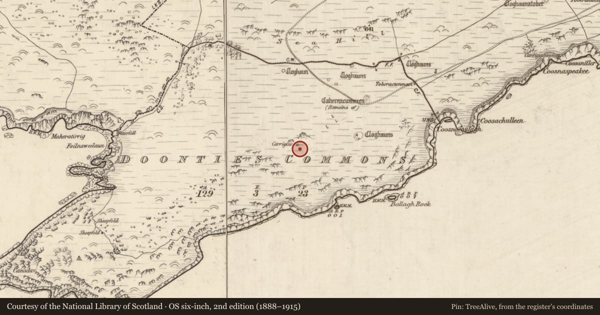 Ordnance Survey six-inch map, 2nd edition (1888–1915) covering the location of Hut site, An Coimín (TC An Mhín Aird), County Kerry, with a pin at the register's coordinates