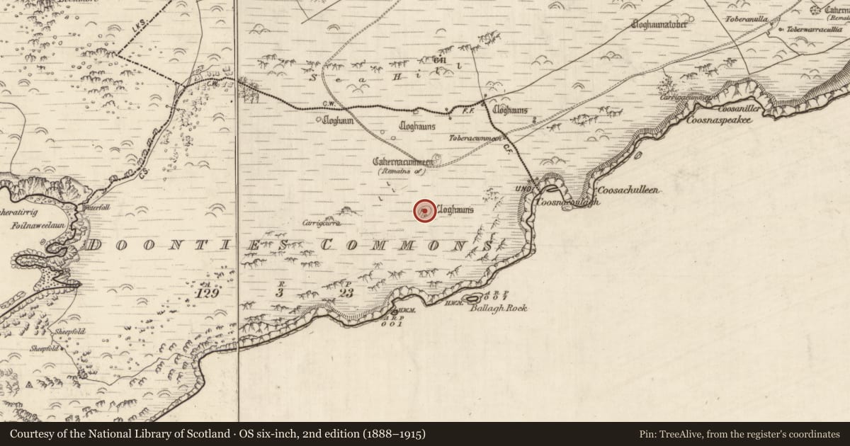 Ordnance Survey six-inch map, 2nd edition (1888–1915) covering the location of Ringfort - cashel, An Coimín (TC An Mhín Aird), County Kerry, with a pin at the register's coordinates