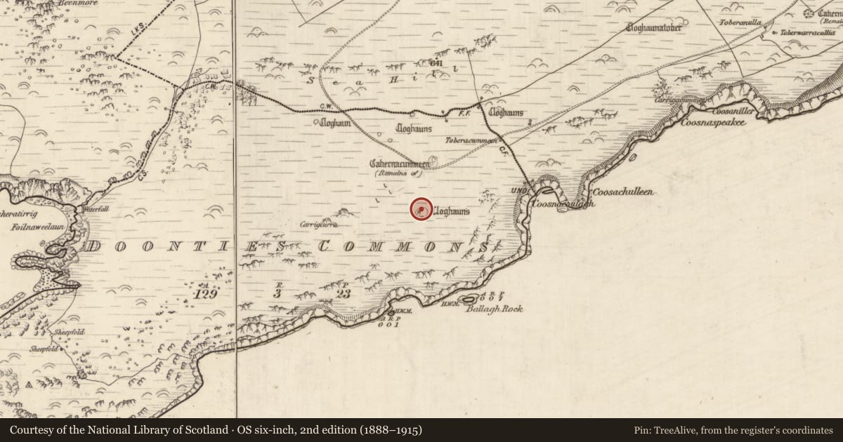 Ordnance Survey six-inch map, 2nd edition (1888–1915) covering the location of Hut site, An Coimín (TC An Mhín Aird), County Kerry, with a pin at the register's coordinates