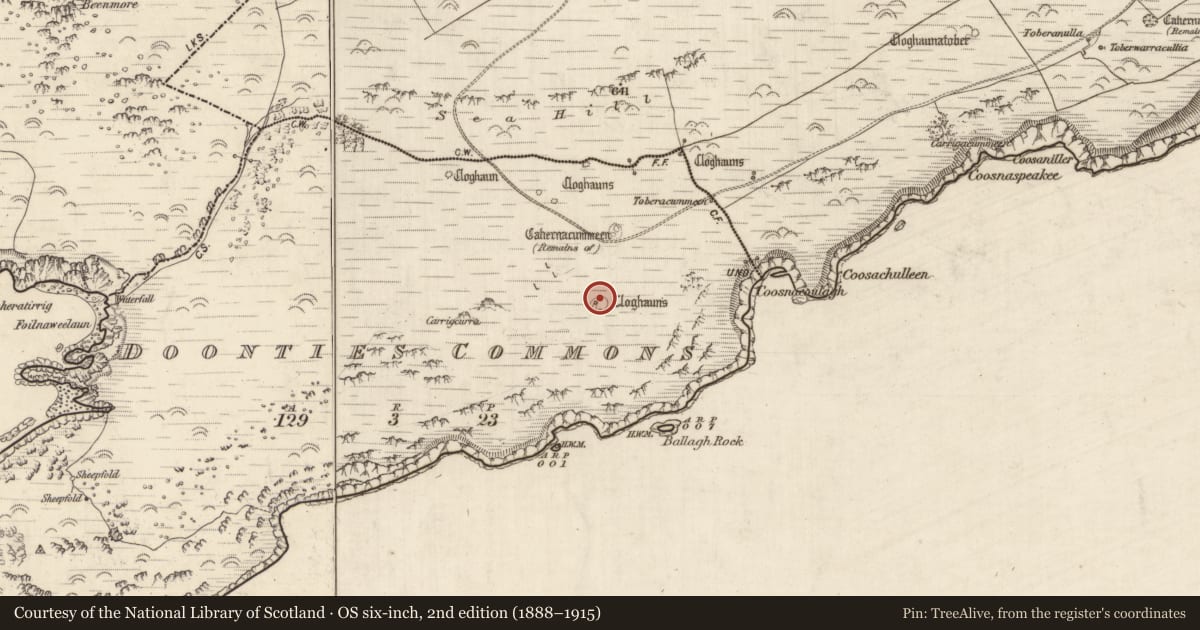 Ordnance Survey six-inch map, 2nd edition (1888–1915) covering the location of Hut site, An Coimín (TC An Mhín Aird), County Kerry, with a pin at the register's coordinates