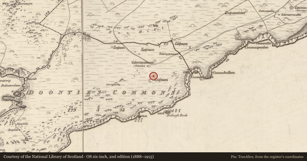 Ordnance Survey six-inch map, 2nd edition (1888–1915) covering the location of Enclosure, An Coimín (TC An Mhín Aird), County Kerry, with a pin at the register's coordinates