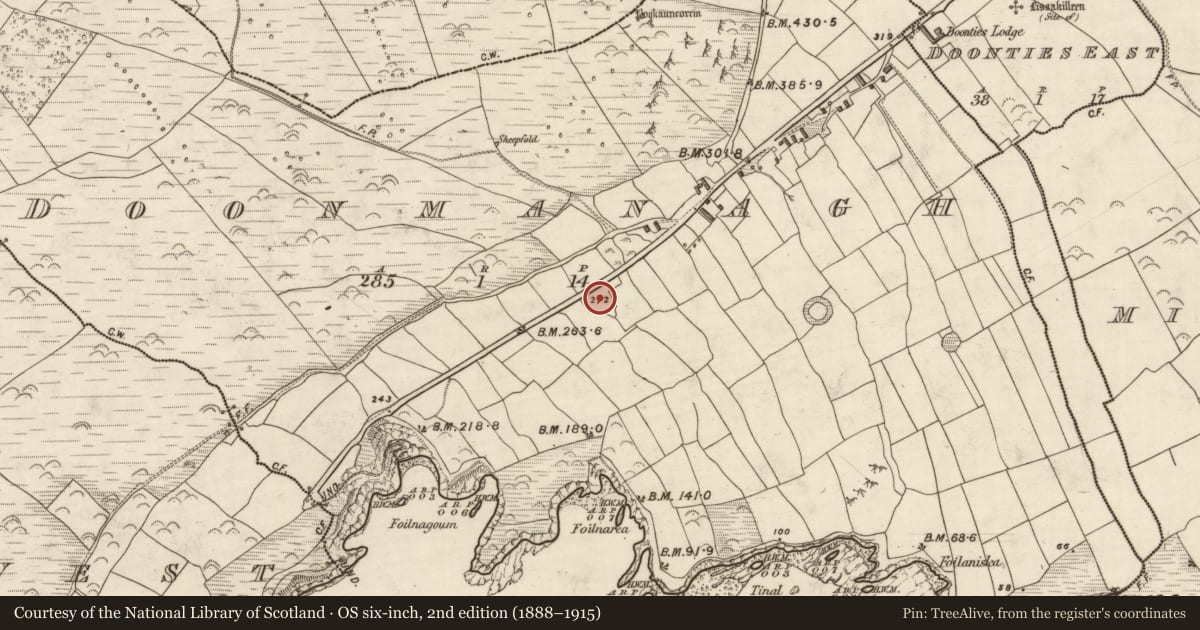 Ordnance Survey six-inch map, 2nd edition (1888–1915) covering the location of Ringfort - rath, Dún Na Manach, County Kerry, with a pin at the register's coordinates