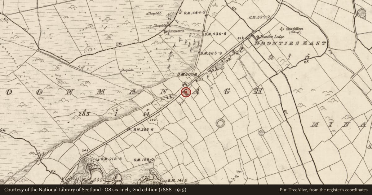Ordnance Survey six-inch map, 2nd edition (1888–1915) covering the location of Standing stone, Dún Na Manach, County Kerry, with a pin at the register's coordinates
