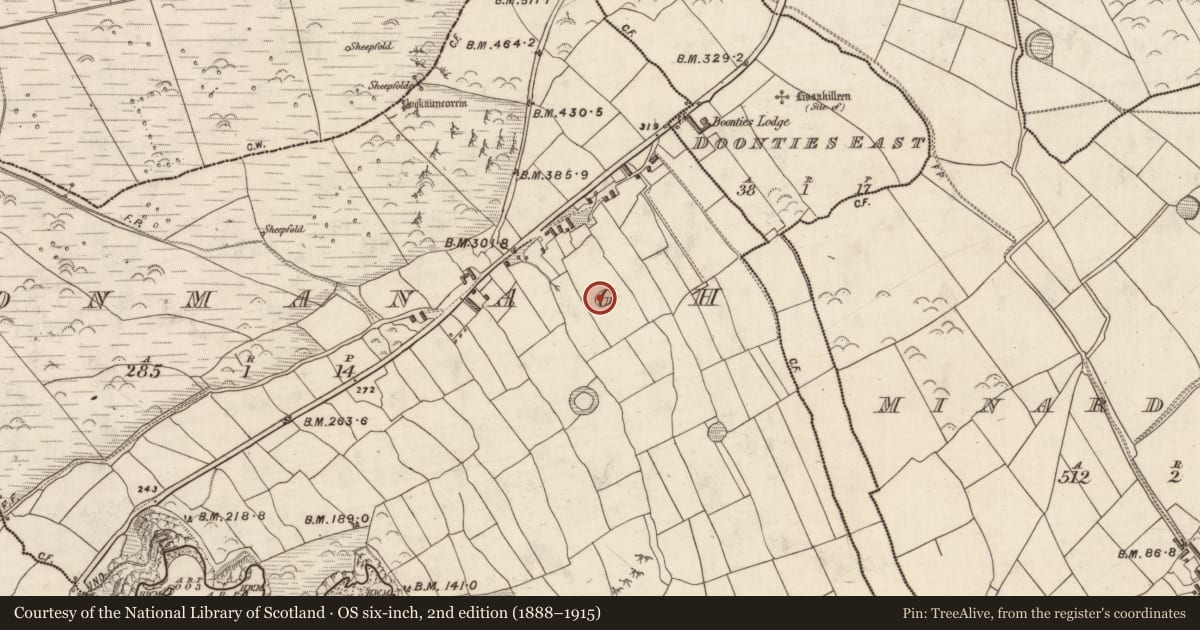 Ordnance Survey six-inch map, 2nd edition (1888–1915) covering the location of Standing stone, Dún Na Manach, County Kerry, with a pin at the register's coordinates