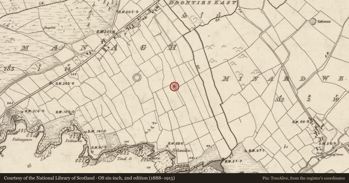 Ordnance Survey six-inch map, 2nd edition (1888–1915) covering the location of Ringfort - rath, Dún Na Manach, County Kerry, with a pin at the register's coordinates