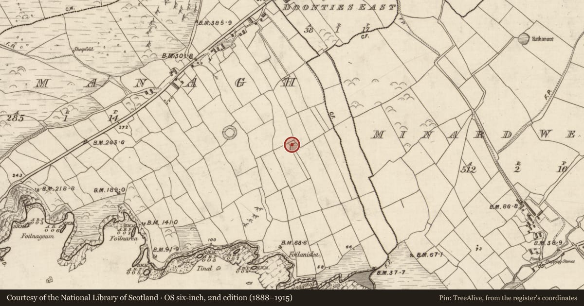 Ordnance Survey six-inch map, 2nd edition (1888–1915) covering the location of Souterrain, Dún Na Manach, County Kerry, with a pin at the register's coordinates