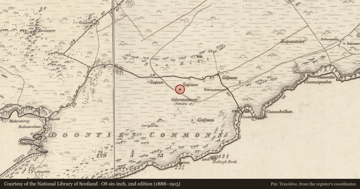 Ordnance Survey six-inch map, 2nd edition (1888–1915) covering the location of Hut site, An Coimín (TC An Mhín Aird), County Kerry, with a pin at the register's coordinates