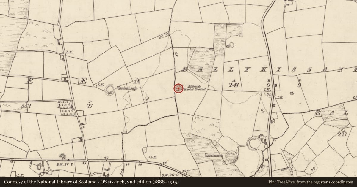 Ordnance Survey six-inch map, 2nd edition (1888–1915) covering the location of Children's burial ground, Ballykissane, County Kerry, with a pin at the register's coordinates