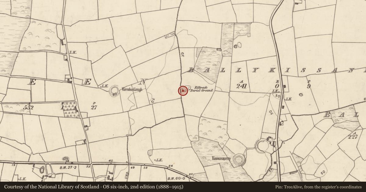 Ordnance Survey six-inch map, 2nd edition (1888–1915) covering the location of Building, Ballykissane, County Kerry, with a pin at the register's coordinates
