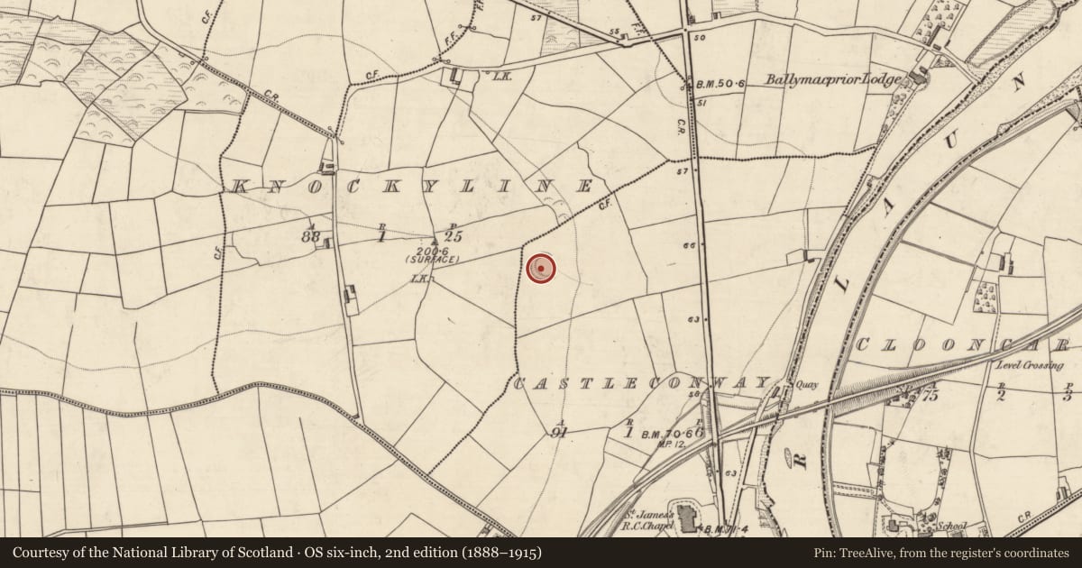 Ordnance Survey six-inch map, 2nd edition (1888–1915) covering the location of Ringfort - rath, Castleconway, County Kerry, with a pin at the register's coordinates