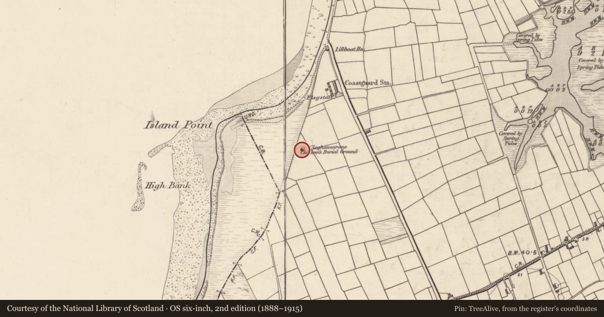 Ordnance Survey six-inch map, 2nd edition (1888–1915) covering the location of Children's burial ground, Cromane Lower, County Kerry, with a pin at the register's coordinates