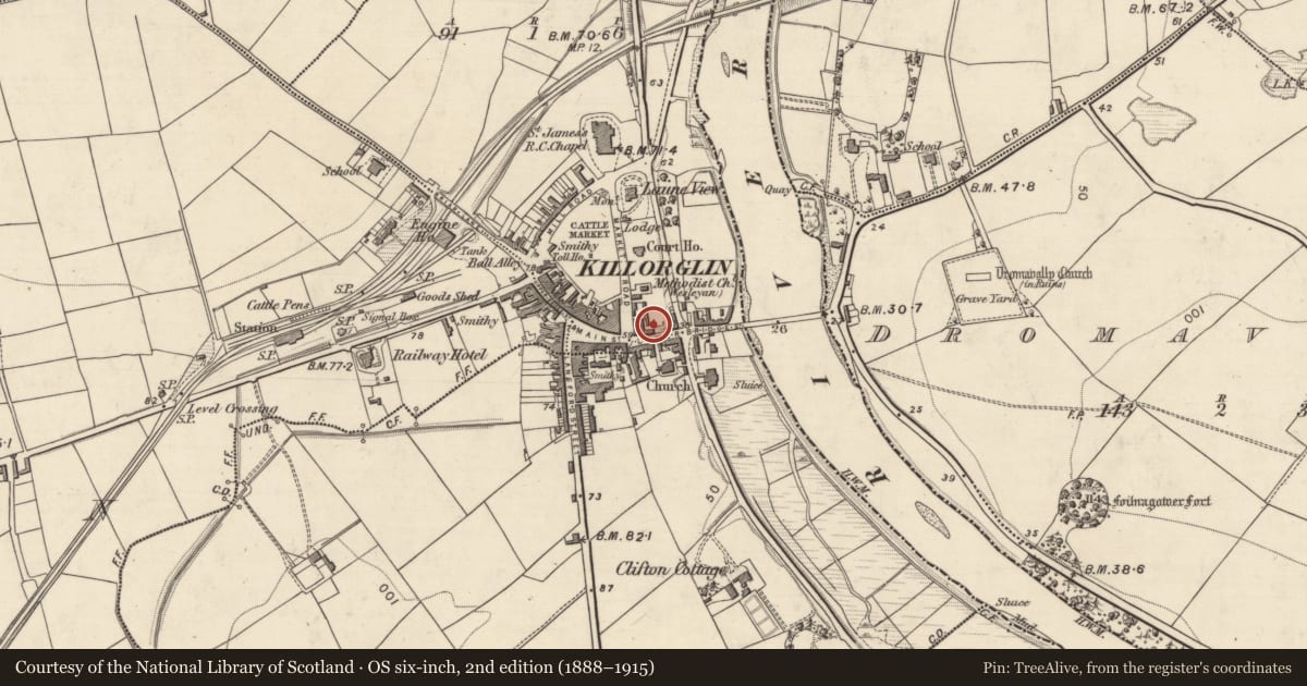 Ordnance Survey six-inch map, 2nd edition (1888–1915) covering the location of Castle - tower house, Castleconway, County Kerry, with a pin at the register's coordinates