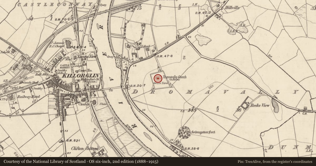Ordnance Survey six-inch map, 2nd edition (1888–1915) covering the location of Church, Dromavally, County Kerry, with a pin at the register's coordinates