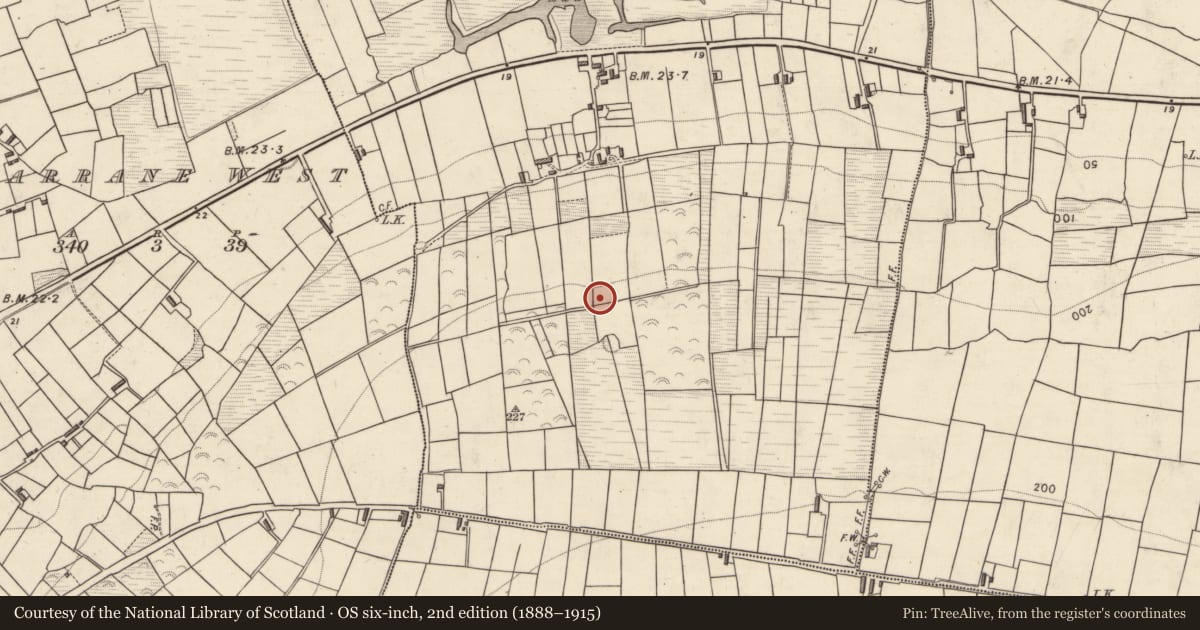 Ordnance Survey six-inch map, 2nd edition (1888–1915) covering the location of Children's burial ground, Garrane East, County Kerry, with a pin at the register's coordinates