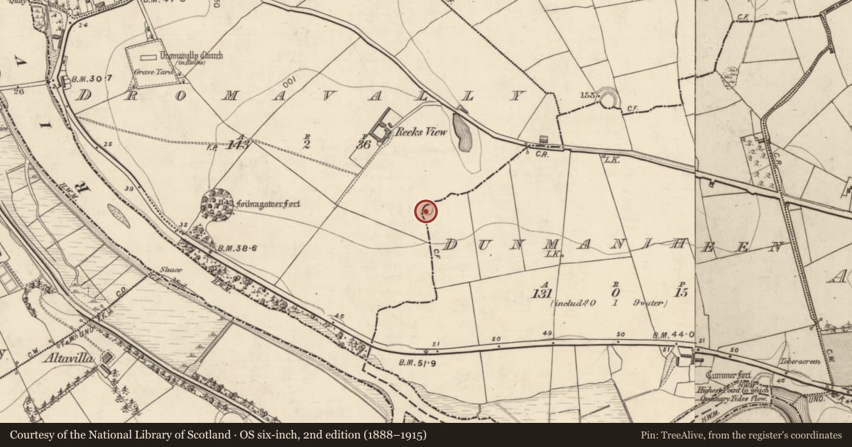 Ordnance Survey six-inch map, 2nd edition (1888–1915) covering the location of Ringfort - rath, Dunmaniheen, County Kerry, with a pin at the register's coordinates