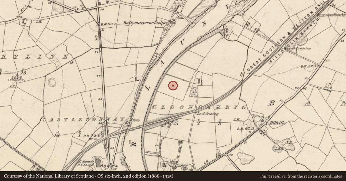 Ordnance Survey six-inch map, 2nd edition (1888–1915) covering the location of Enclosure, Clooncarrig, County Kerry, with a pin at the register's coordinates