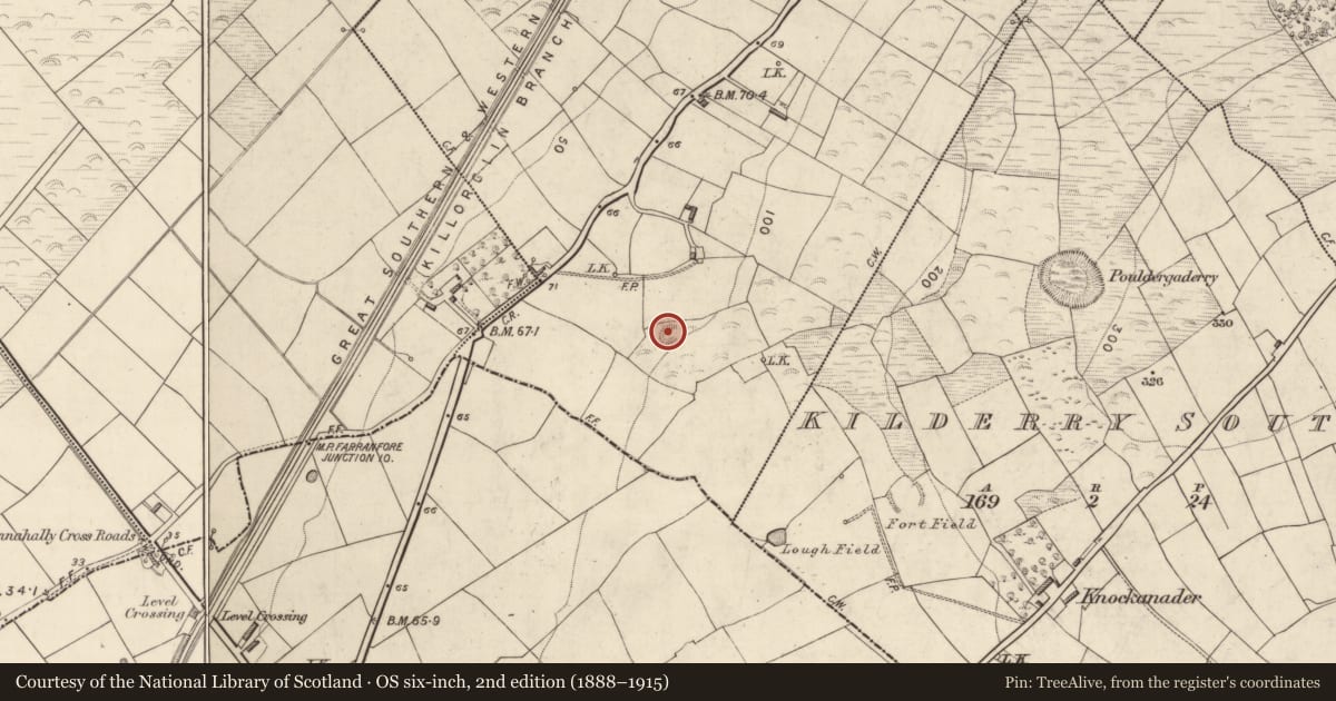 Ordnance Survey six-inch map, 2nd edition (1888–1915) covering the location of Enclosure, Kilderry North, County Kerry, with a pin at the register's coordinates