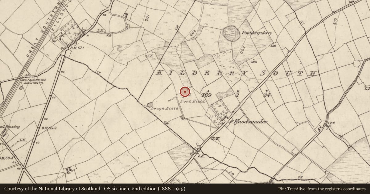 Ordnance Survey six-inch map, 2nd edition (1888–1915) covering the location of Ringfort - rath, Kilderry South, County Kerry, with a pin at the register's coordinates