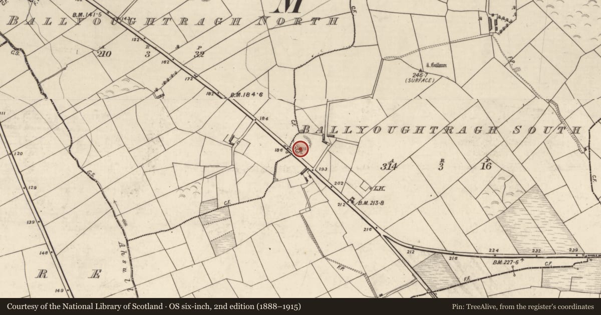 Ordnance Survey six-inch map, 2nd edition (1888–1915) covering the location of Ringfort - rath, Ballyoughtragh South, County Kerry, with a pin at the register's coordinates
