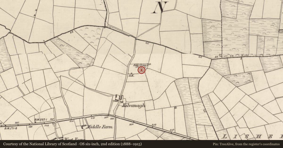 Ordnance Survey six-inch map, 2nd edition (1888–1915) covering the location of Church, Farranmanagh, County Kerry, with a pin at the register's coordinates