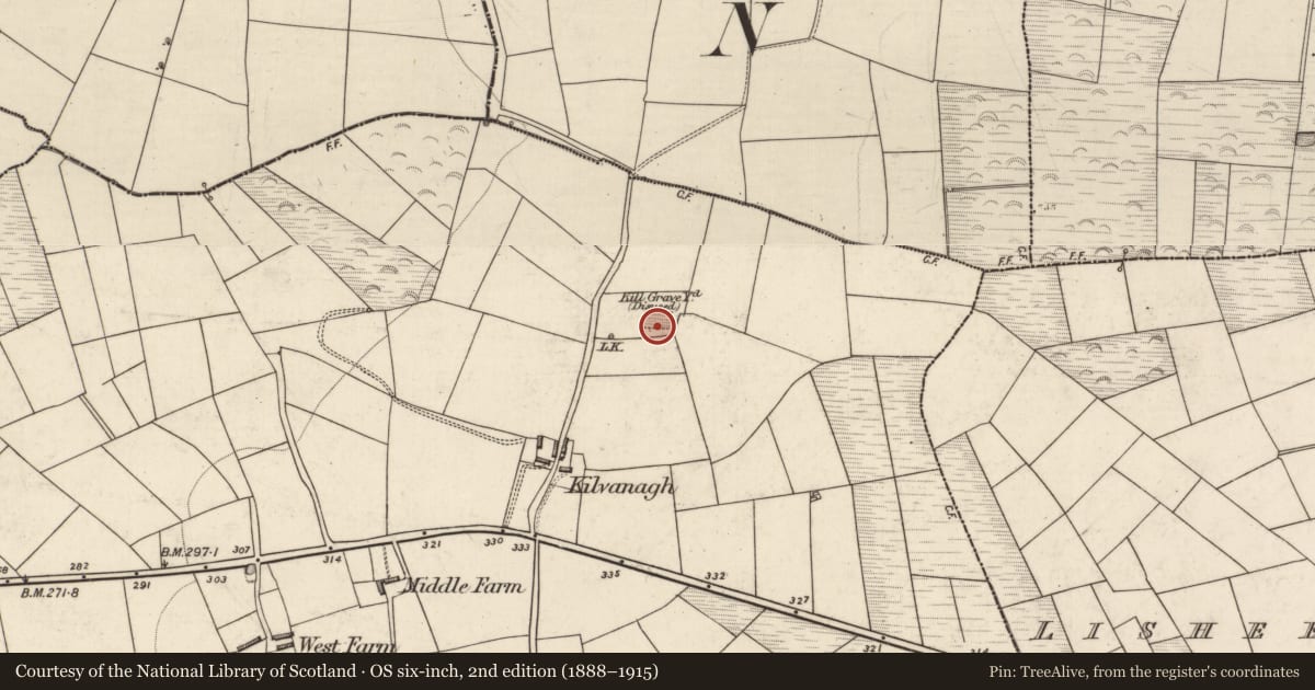 Ordnance Survey six-inch map, 2nd edition (1888–1915) covering the location of Graveyard, Farranmanagh, County Kerry, with a pin at the register's coordinates