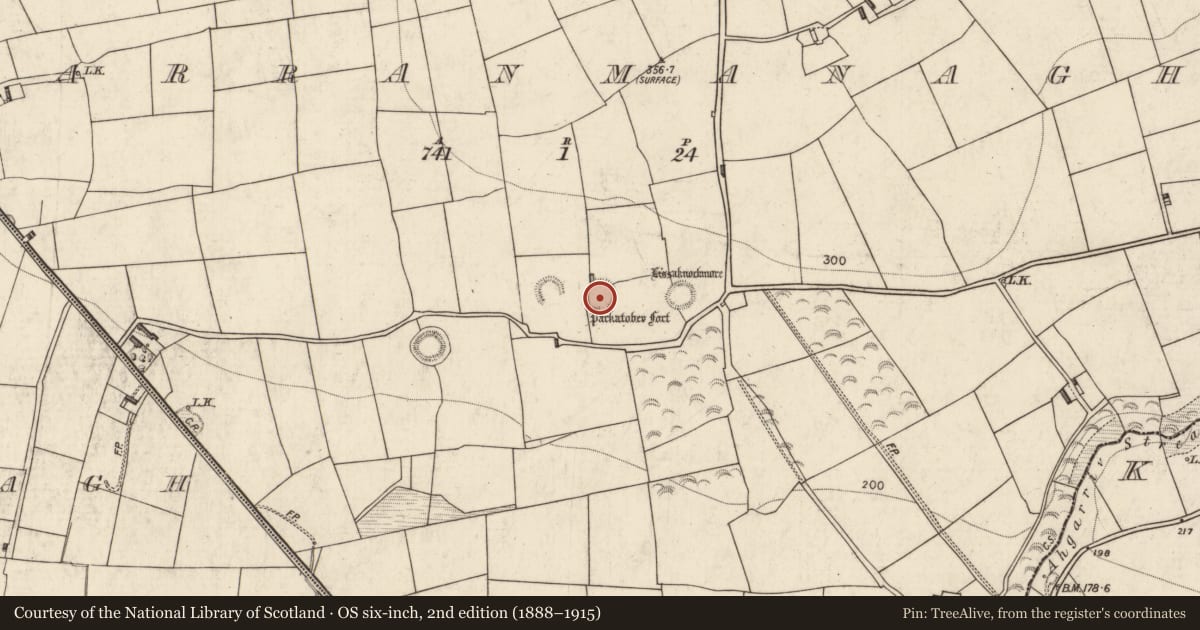 Ordnance Survey six-inch map, 2nd edition (1888–1915) covering the location of Ringfort - rath, Farranmanagh, County Kerry, with a pin at the register's coordinates