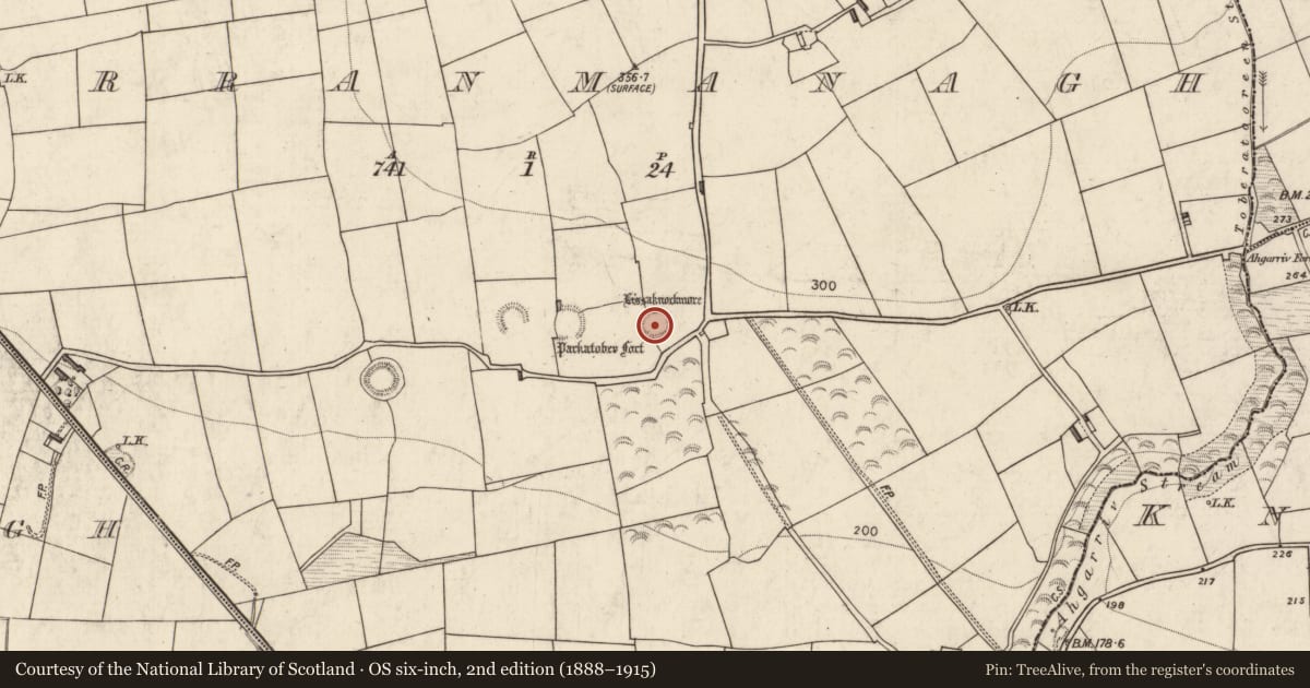 Ordnance Survey six-inch map, 2nd edition (1888–1915) covering the location of Ringfort - rath, Farranmanagh, County Kerry, with a pin at the register's coordinates