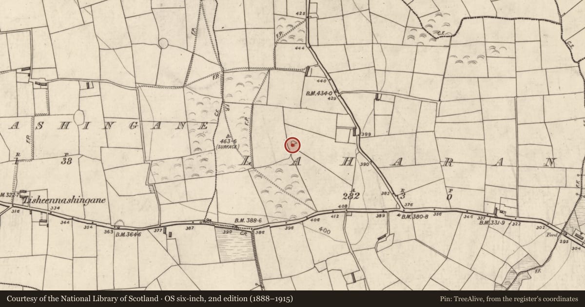 Ordnance Survey six-inch map, 2nd edition (1888–1915) covering the location of Ringfort - rath, Laharan, County Kerry, with a pin at the register's coordinates