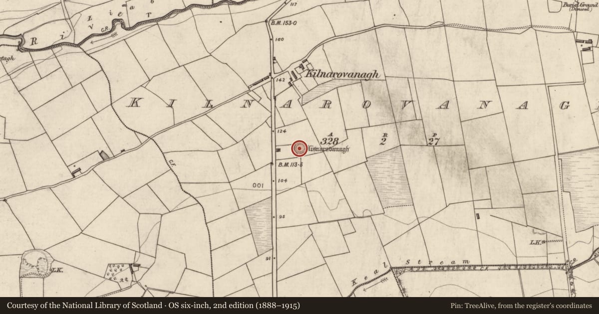 Ordnance Survey six-inch map, 2nd edition (1888–1915) covering the location of Ringfort - rath, Kilnarovanagh, County Kerry, with a pin at the register's coordinates
