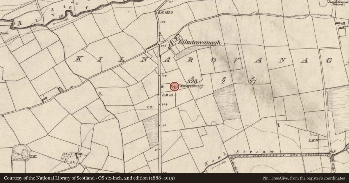 Ordnance Survey six-inch map, 2nd edition (1888–1915) covering the location of Church, Kilnarovanagh, County Kerry, with a pin at the register's coordinates