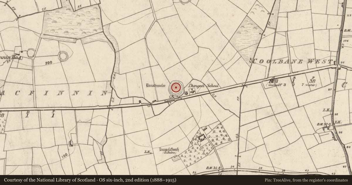 Ordnance Survey six-inch map, 2nd edition (1888–1915) covering the location of Ringfort - rath, Corbally, Dungeel, County Kerry, with a pin at the register's coordinates