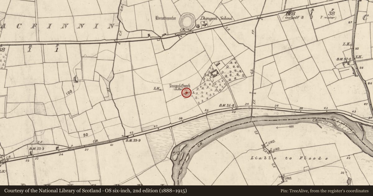Ordnance Survey six-inch map, 2nd edition (1888–1915) covering the location of Church, Dungeel, County Kerry, with a pin at the register's coordinates