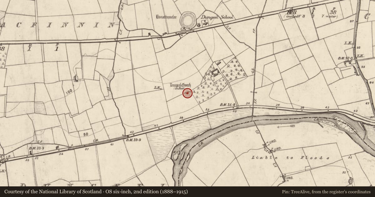 Ordnance Survey six-inch map, 2nd edition (1888–1915) covering the location of Children's burial ground, Dungeel, County Kerry, with a pin at the register's coordinates