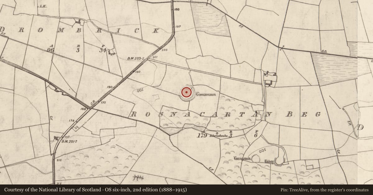 Ordnance Survey six-inch map, 2nd edition (1888–1915) covering the location of Ringfort - rath, Rosnacartan Beg, County Kerry, with a pin at the register's coordinates
