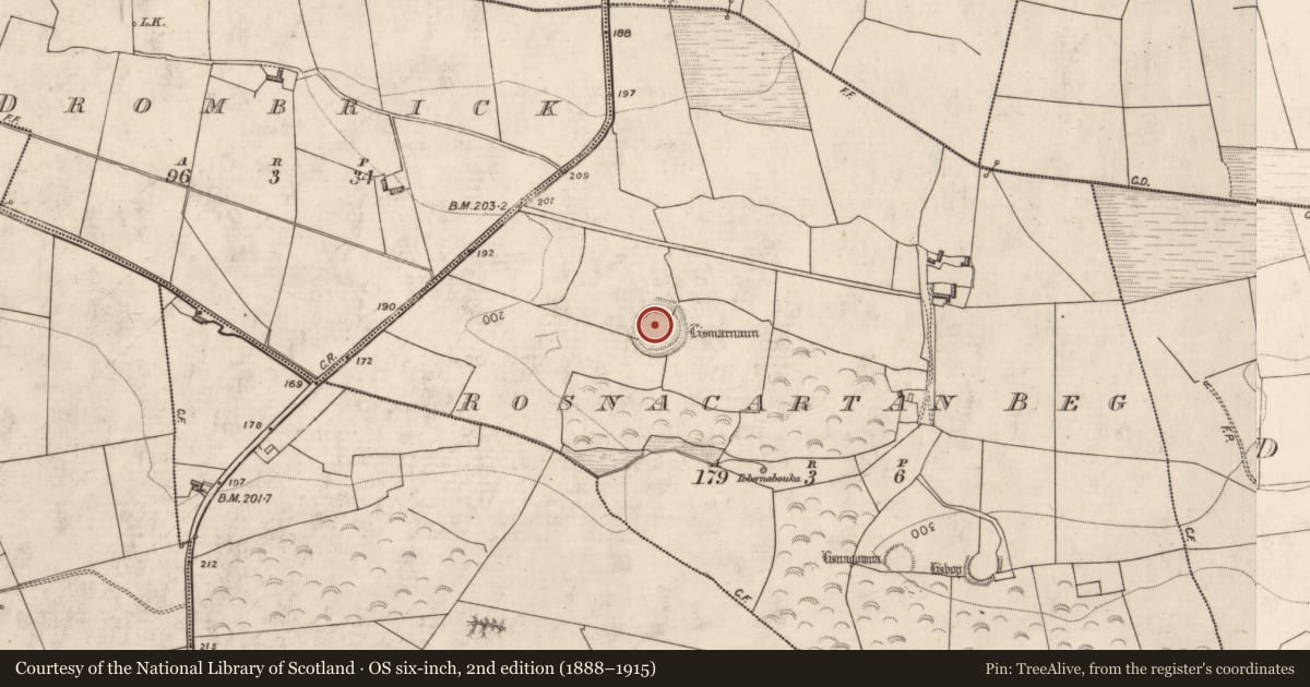 Ordnance Survey six-inch map, 2nd edition (1888–1915) covering the location of Souterrain, Rosnacartan Beg, County Kerry, with a pin at the register's coordinates