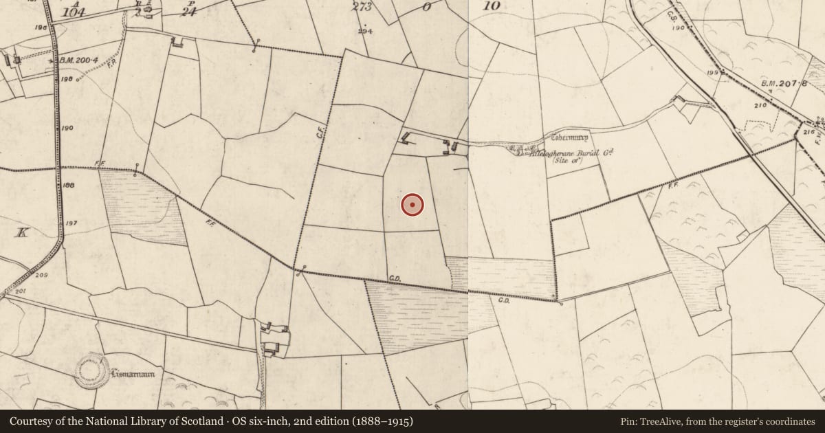 Ordnance Survey six-inch map, 2nd edition (1888–1915) covering the location of Fulacht fia, Kilclogherane, County Kerry, with a pin at the register's coordinates