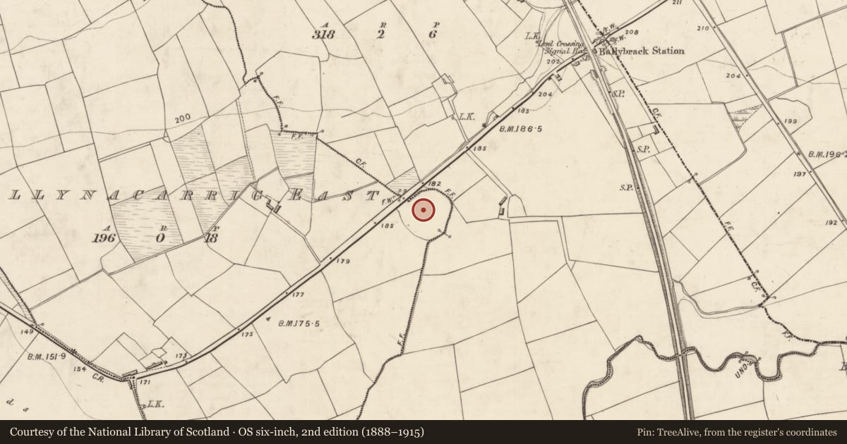 Ordnance Survey six-inch map, 2nd edition (1888–1915) covering the location of Enclosure, Ballybrack, Ballynacarrig East, County Kerry, with a pin at the register's coordinates