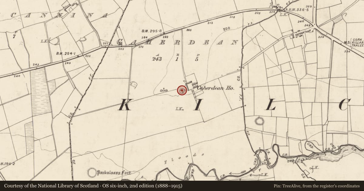 Ordnance Survey six-inch map, 2nd edition (1888–1915) covering the location of Ringfort - rath, Caherdean, County Kerry, with a pin at the register's coordinates