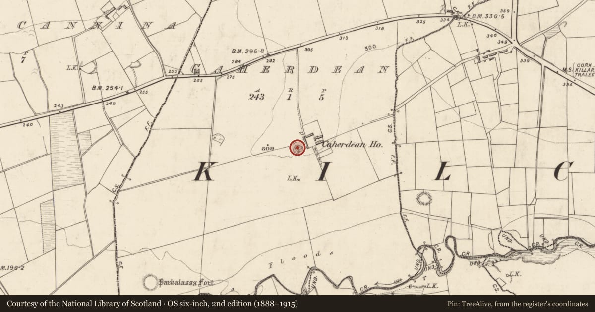 Ordnance Survey six-inch map, 2nd edition (1888–1915) covering the location of Souterrain, Caherdean, County Kerry, with a pin at the register's coordinates