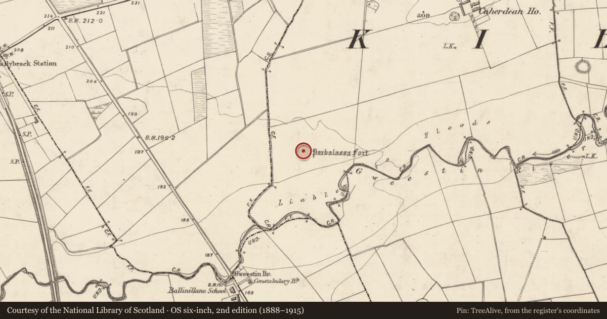 Ordnance Survey six-inch map, 2nd edition (1888–1915) covering the location of Ringfort - rath, Caherdean, County Kerry, with a pin at the register's coordinates