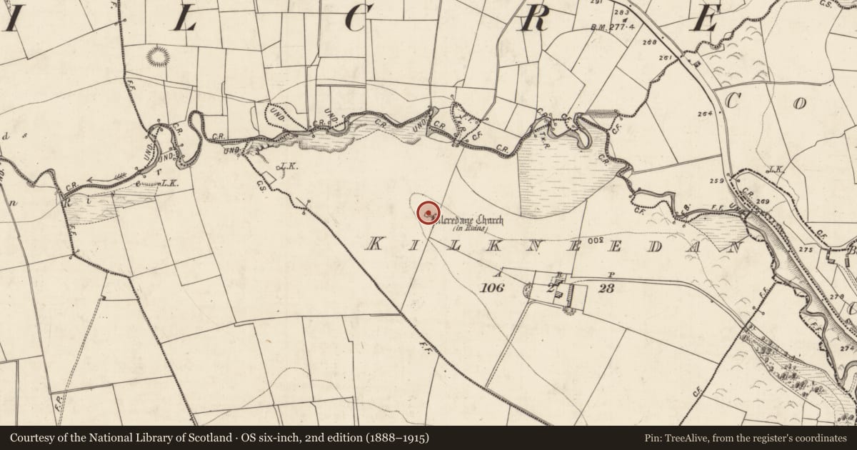 Ordnance Survey six-inch map, 2nd edition (1888–1915) covering the location of Children's burial ground, Kilkneedan, County Kerry, with a pin at the register's coordinates