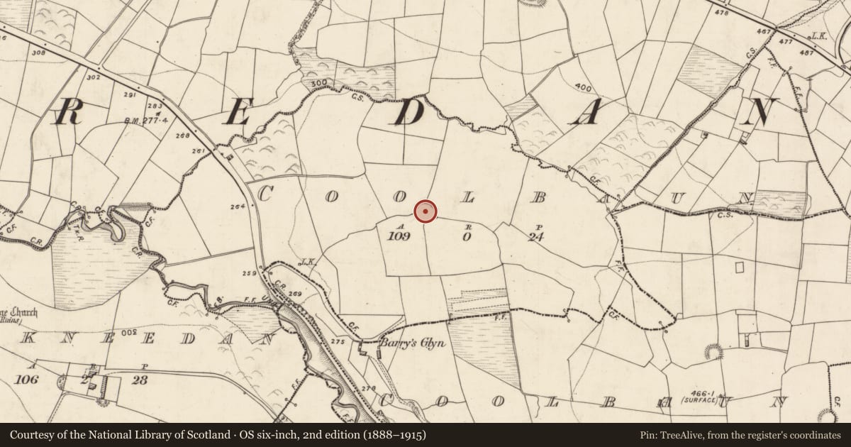 Ordnance Survey six-inch map, 2nd edition (1888–1915) covering the location of Ringfort - rath, Coolbaun (Magunihy By., Kilcredane Par.), County Kerry, with a pin at the register's coordinates