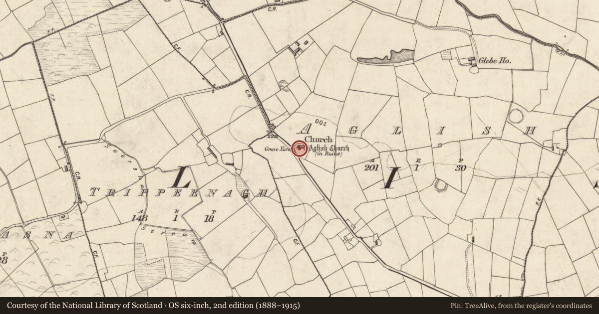 Ordnance Survey six-inch map, 2nd edition (1888–1915) covering the location of Graveyard, Aglish, County Kerry, with a pin at the register's coordinates