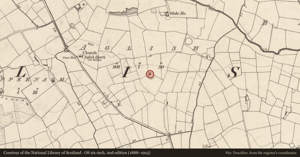 Ordnance Survey six-inch map, 2nd edition (1888–1915) covering the location of Souterrain, Aglish, County Kerry, with a pin at the register's coordinates